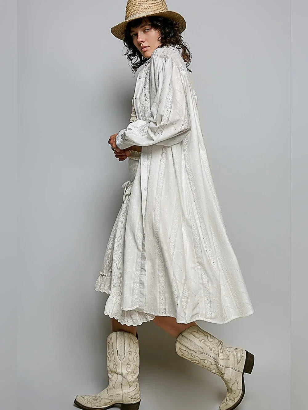 POL Ivory Embroidered Midi Dress with Puff Sleeves OVERSIZED - Picture 1 of 6
